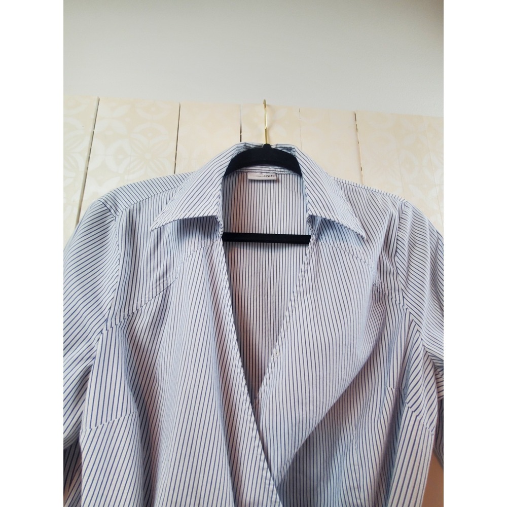 Womens Y2K Pinstripe Wrap Blouse Tie Waist Studio Style 3/4 Sleeve Business Size - Picture 2 of 8
